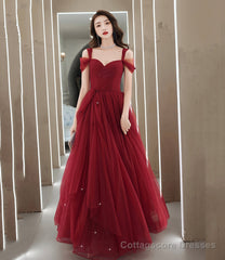 Burgundy tulle long prom dress A line evening dress