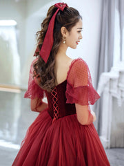 Burgundy Velvet and Tulle Long Prom Dresses