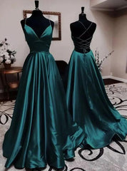 Elegant V Neck Spaghetti Straps A-line Dark Green Prom Dresses