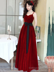 Burgundy Spaghetti Strap Velvet Long A-Line Prom Dress