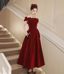 Burgundy Velvet Tea Length Prom Dresses, Cute Evening Dresses Party Dresses