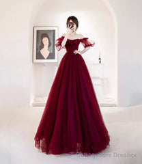 Burgundy Tulle Long Prom Dress A Line Evening Dress