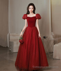 Burgundy velvet tulle long prom dress A line evening dress