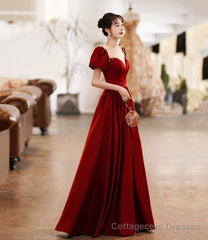 Burgundy satin long prom dress A line evening dress