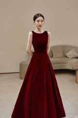 Burgundy velvet long A line prom Dresses with bow