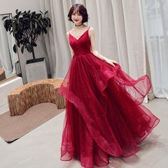 Burgundy v neck tulle long prom Dresses, formal Dresses