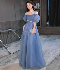 Blue tulle long prom Dresses A lin evening Dresses