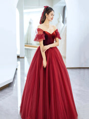 Burgundy Velvet and Tulle Long Prom Dresses