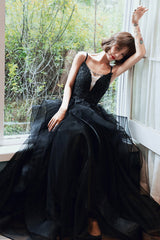 Black v neck lace long prom Dresses A line evening Dresses