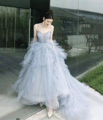 Gray Tulle Spaghetti Strap Long Prom Dresses, Gray V-Neck Evening Dresses