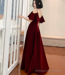 Burgundy velvet long prom dress A line evening dress