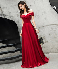 Burgundy satin long prom Dresses cute evening Dresses