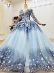 Find The Perfect Shade Of Blue Ball Gown Tulle Sequins Long Sleeve Appliques Beading Prom Dresses