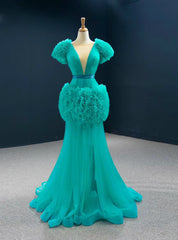 Find Your Dresses For Prom! Green Mermaid Tulle Reffuls Pleats Long Prom Dresses