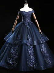 Find Your Dresses For Prom! Navy Blue Ball Gown Tulle Appliques Off the Shoulder Beading Quinceanera Dresses