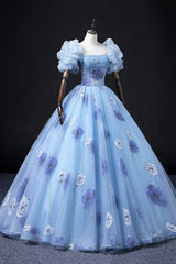 Floral Tulle Long Prom Dress, Blue Short Sleeve Evening Dress