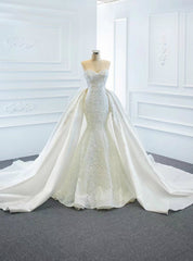 For The Very Best In Unique Or Custom. White Mermaid Lace Sweetheart Satin Wedding Dresses With Removable Train