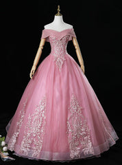 For This Year Biggest Dance Pink Ball Gown Tulle Appliques Beading Off twe Shoulder Quinceanera Dresses