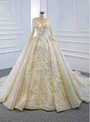 For You Champagne Ball Gown Tulle Appliques Long Sleeve Beading Wedding Dresses