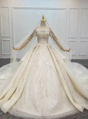 For You Next Prom Dance Champagne Ball Gown Tulle Sequins Beading Off the Shoulder Wedding Dresses With Removable Train