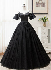 For Your Big Night Black Ball Gown Tulle Spagehtti Straps Quinceanera Dresses