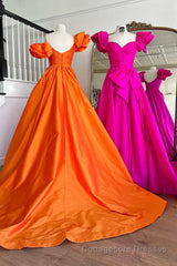 Fuchsia A Line Long Prom Dress with Puff Sleeves