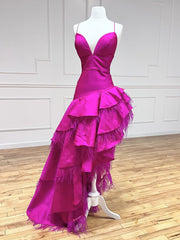 Fuchsia A Line V Neck Irregular Long Prom Dresses