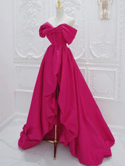 Fuchsia High Low Off Shoulder Party Dresses, High Low Prom Dresses Formal Dresses