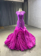 Fuchsia Mermaid Tulle Beading Prom Dresses