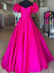 Fuchsia Satin Off the Shoulder Ruffle Prom Dresses