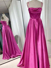 Fuchsia Satin Spaghetti Straps Prom Dresses