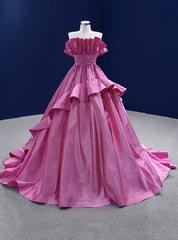 Fuchsia Satin Strapless Pleats Prom Dresses