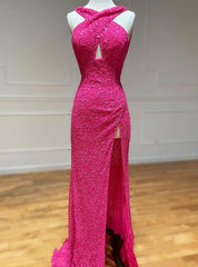 Fuchsia Sequins Backless Prom Dresses