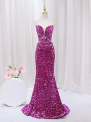 Fuchsia Sequins Spaghetti Straps Prom Dresses