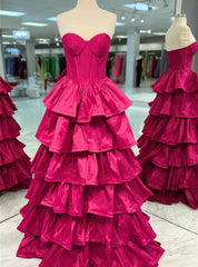 Fuchsia Strapless Tiers Prom Dresses