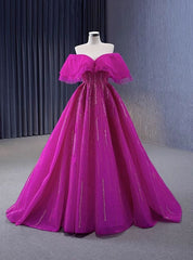 Fuchsia Tulle Beading Off the Shoulder Prom Dresses