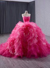 Fuchsia Tulle Strapless Pleats Tiers Princess Dresses