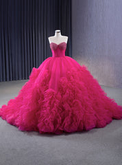 Fuchsia Tulle Sweetheart Neck Pearls Prom Dresses