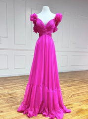 Fuchsia V-neck Pleats Backless Prom Dresses