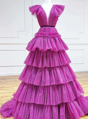 Fuchsia V-neck Pleats Tiers Prom Dresses