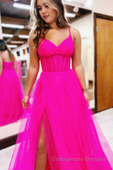 Fuchsia V-Neck Sheer Bodice A-Line Long Prom Dress with Slit