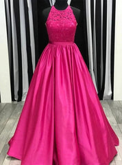 Fuscia Lace Appliques Satin Halter Prom Dresses