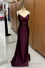 Cabernet Satin V Neck Lace-Up Back Pleated Long Prom Dress with Silt