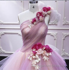 Puffy One Shoulder Sleeveless Tulle Prom Dress with Flowers, Ruffles Quinceanera Dress