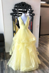 Yellow V-Neck Tulle Long Prom Dresses, A-Line Evening Dresses