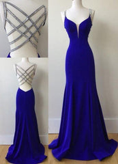 Sexy Mermaid Spaghetti Straps Royal Blue Long Prom Dresses With Beading