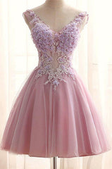 Chic V Neck Pink Tulle Applique Flower See Through Short Prom Dresses