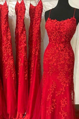 Red Lace Prom Dresses, Mermaid Long Prom Dresses, Cheap Evening Party Dresses, For Women