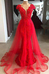 red lace cap sleeve long v neck formal prom Dresses beaded evening Dresses