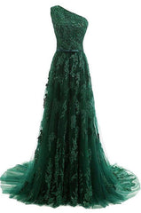 A Line One Shoulder Sweep Train Dark Green Tulle Prom Dresses With Appliques Beading